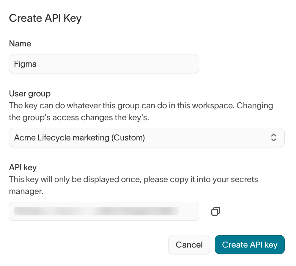 Create API Key dialog with Name, User group, and the API key to copy