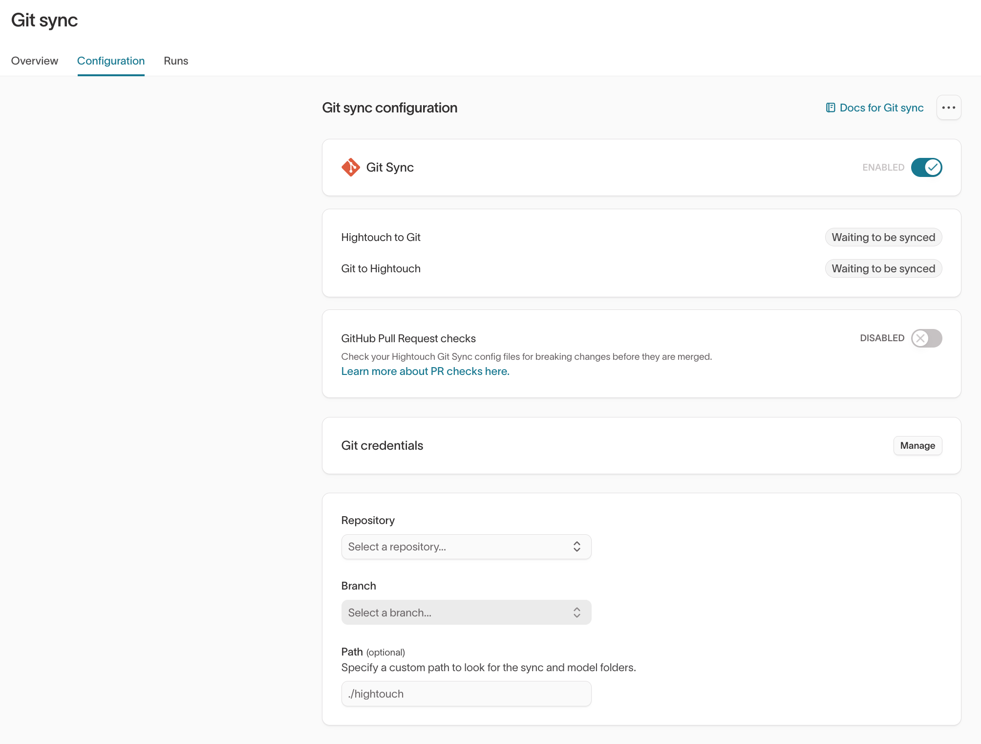 Enabling Git Sync on the Configuration tab