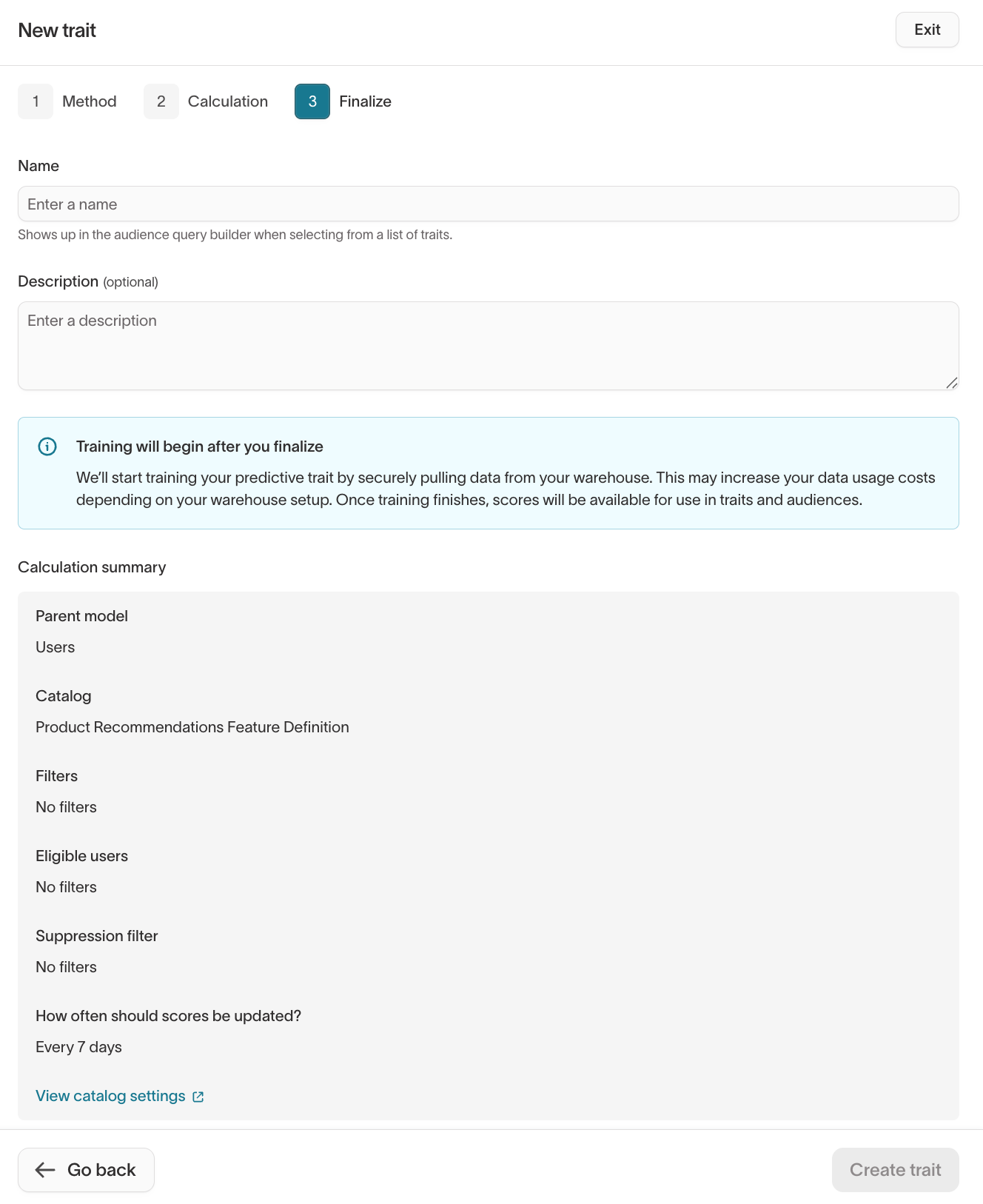 Finalize step showing trait name, description, and calculation summary