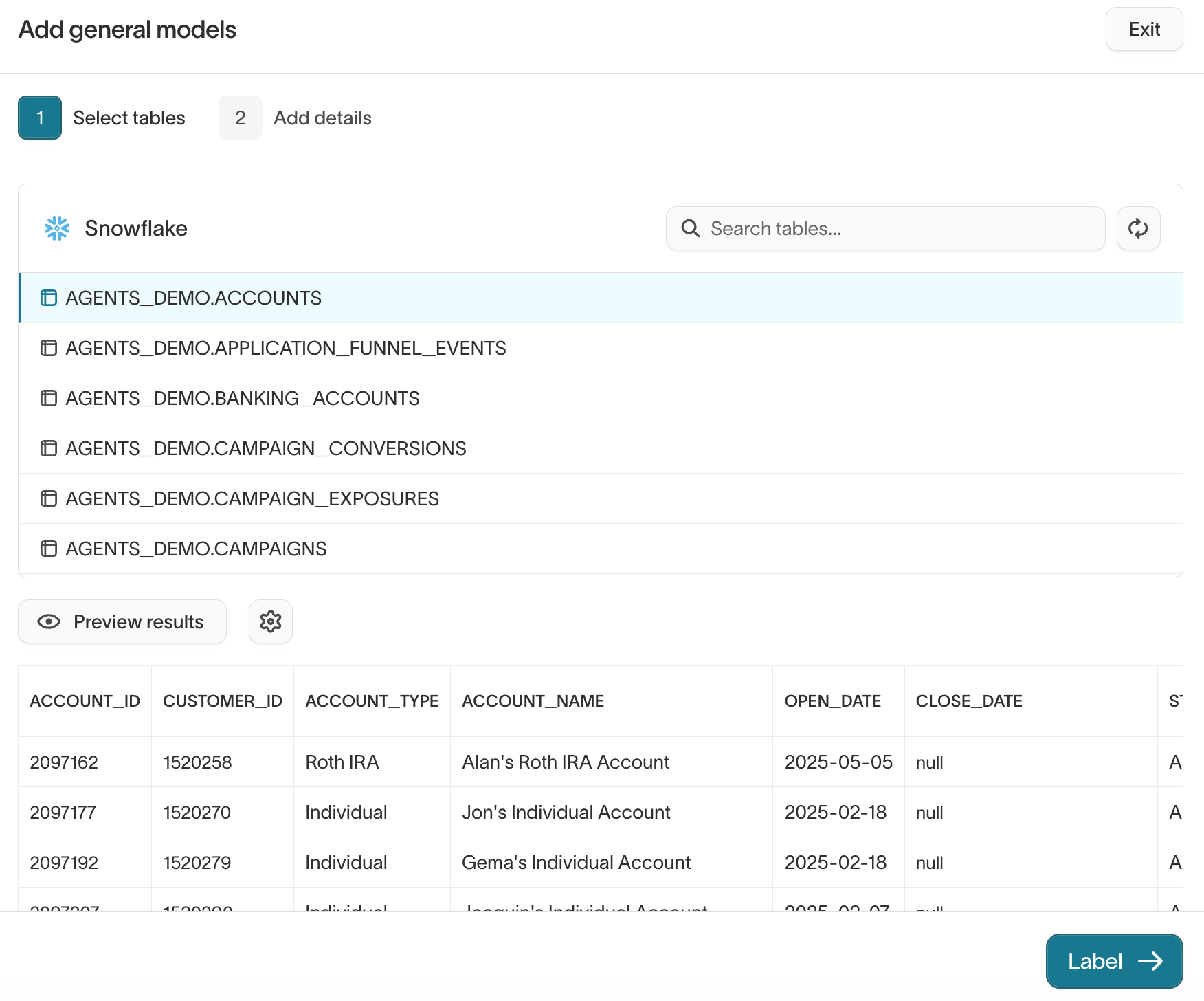 Add general models wizard — select tables step