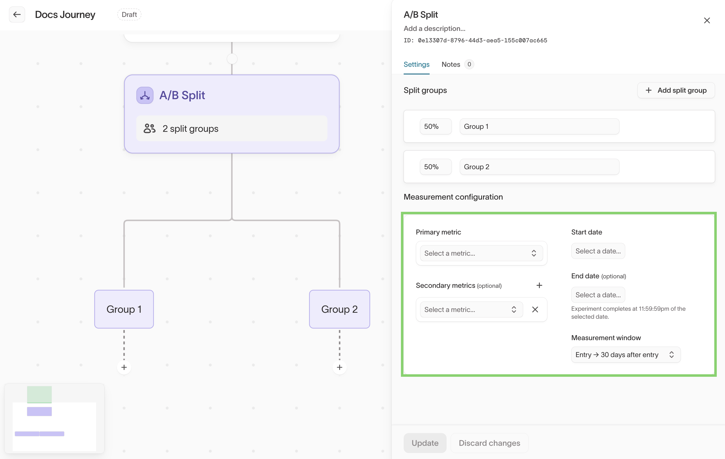Split node drawer with measurement configuration