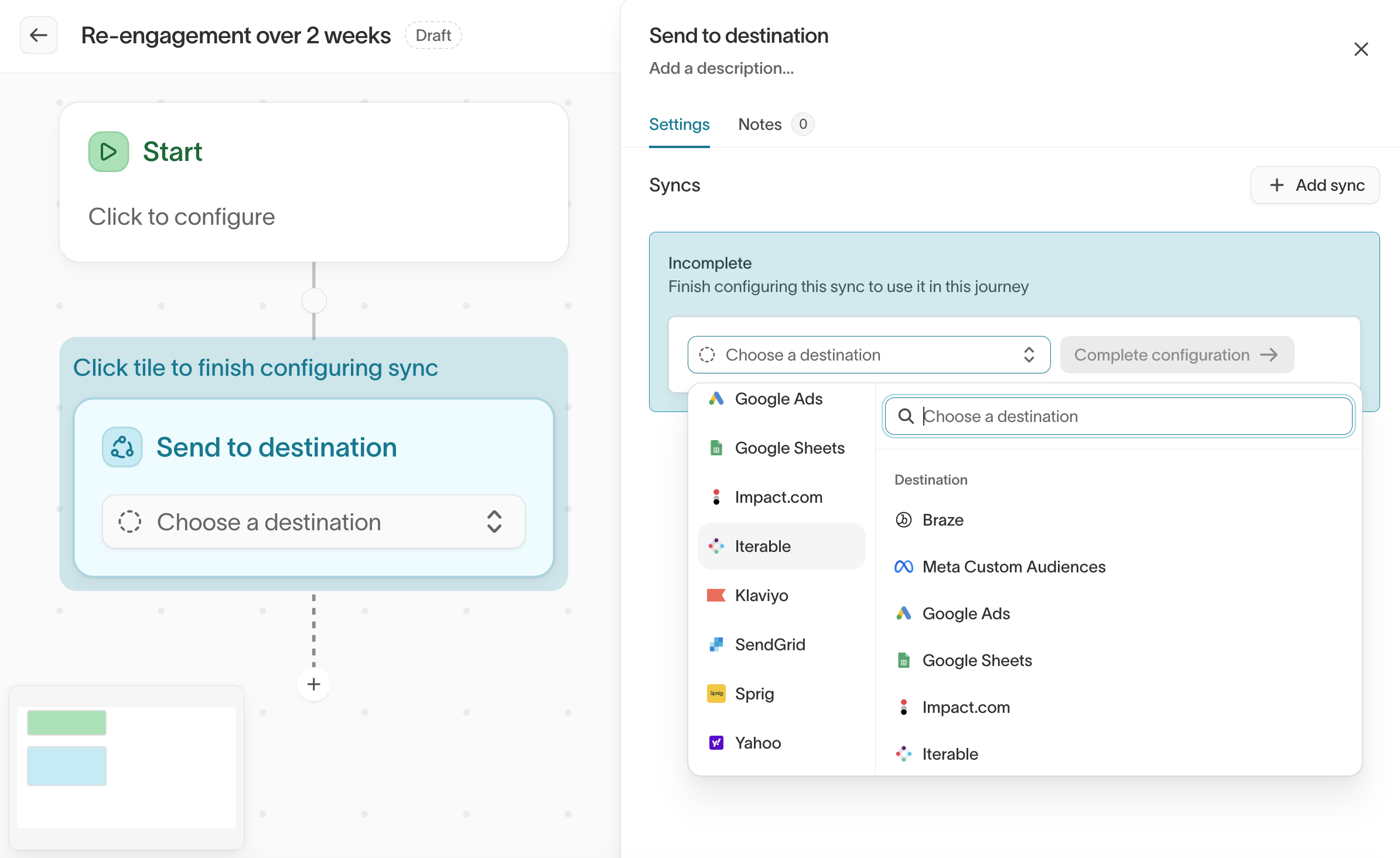 Choosing a destination on a Send to destination step