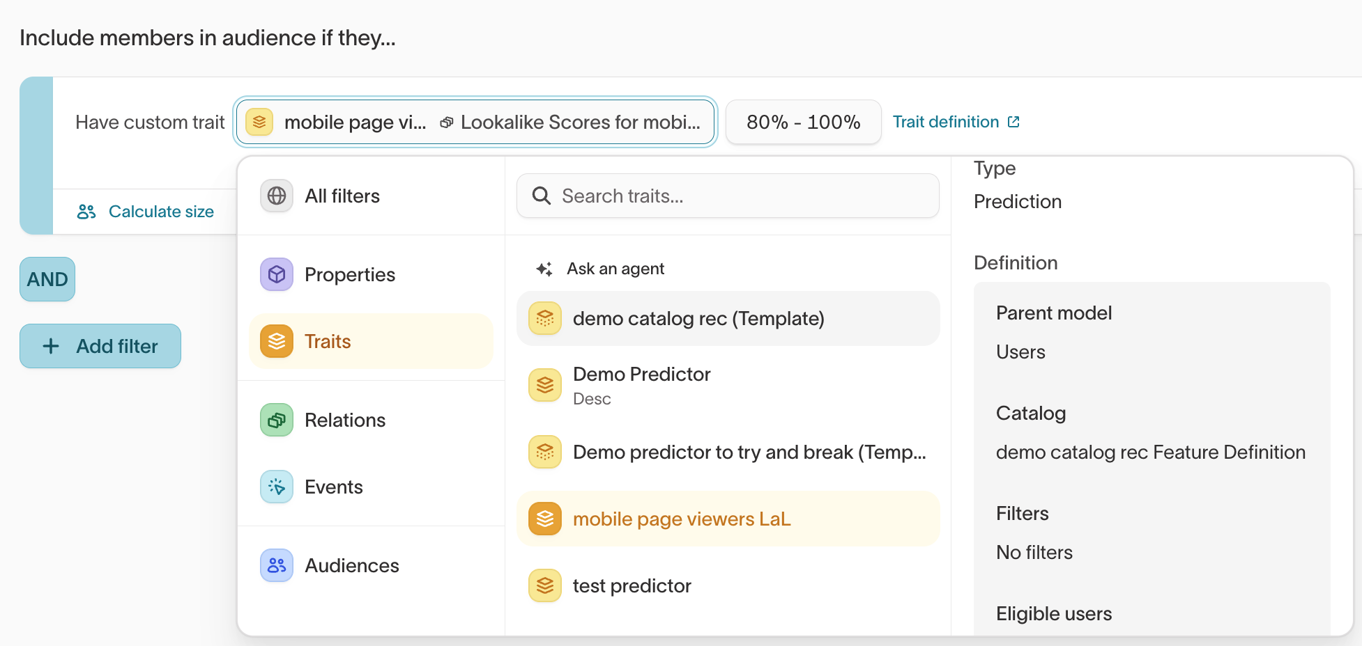 Audience builder with a lookalike trait filter showing percentile range