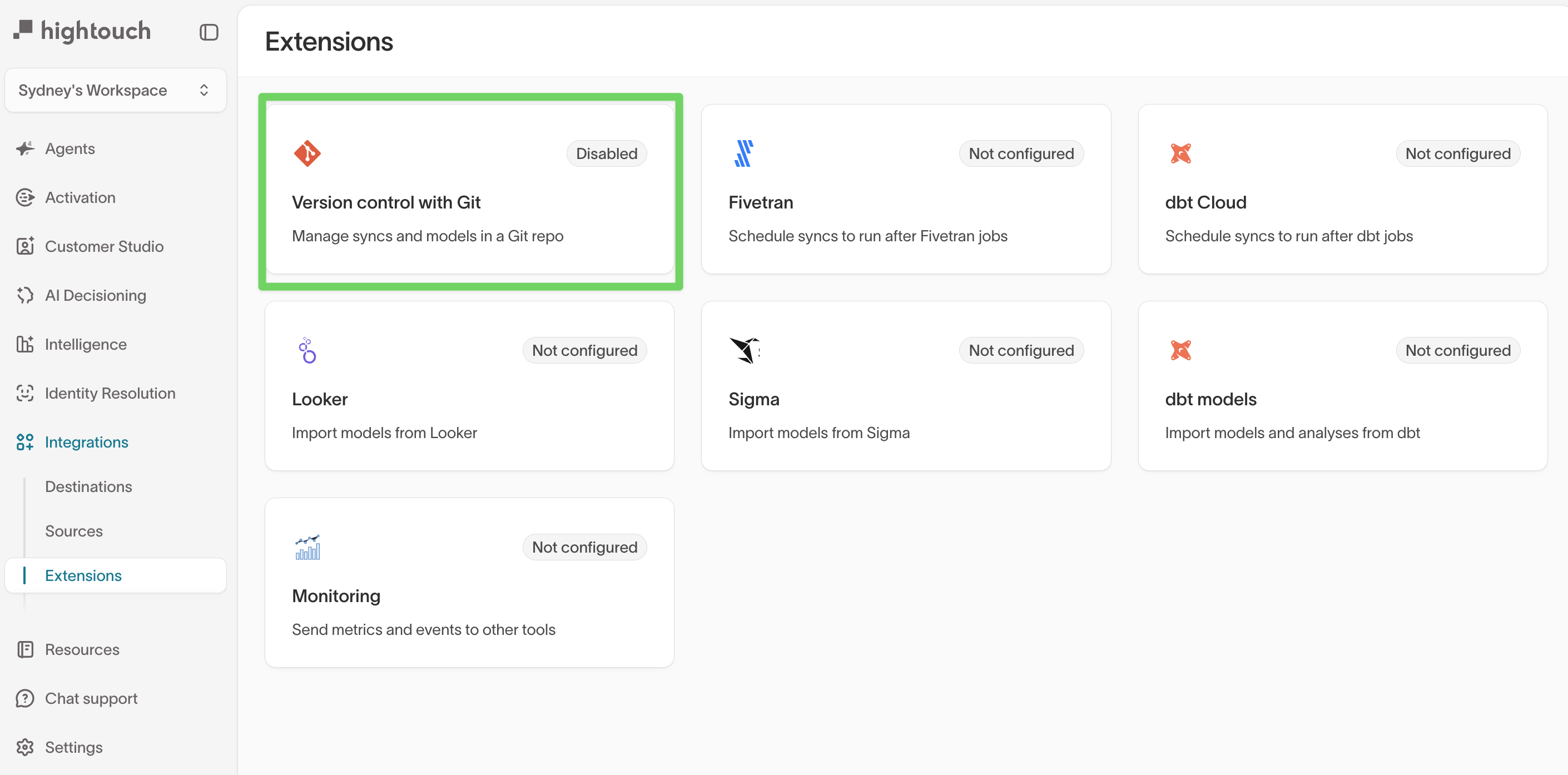 The Extensions page in Hightouch with Version control with Git highlighted