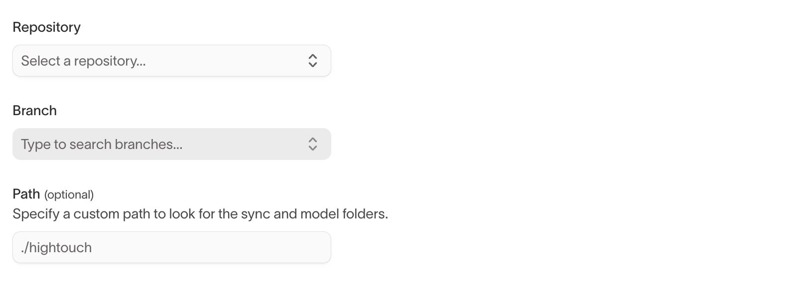 Repository, branch, and optional path fields for a Git Sync connection