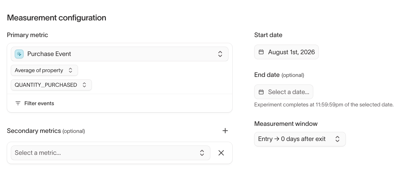 Measurement configuration showing a primary metric, secondary metrics, start and end dates, and the measurement window