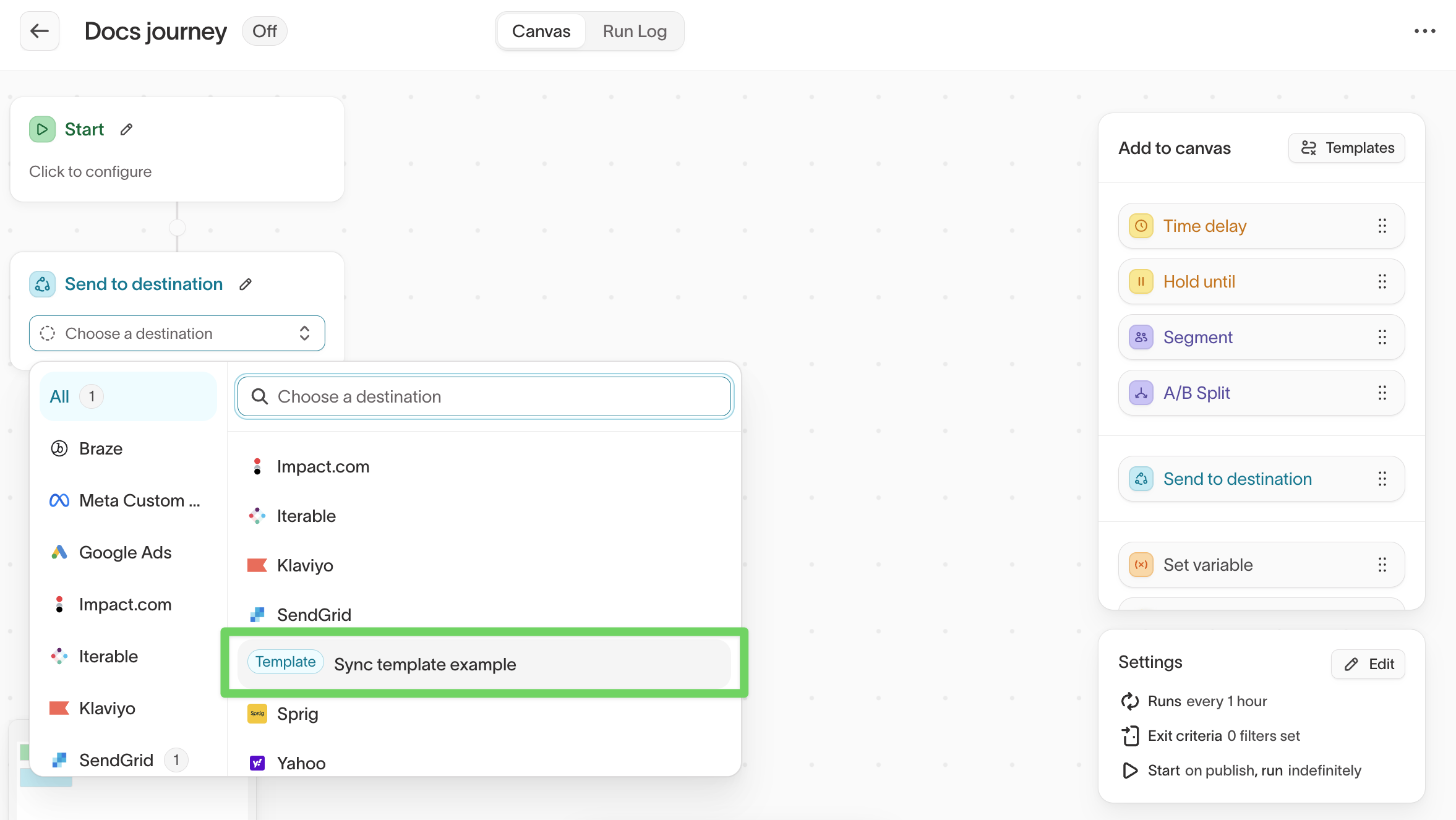 Select a sync template in a journey
