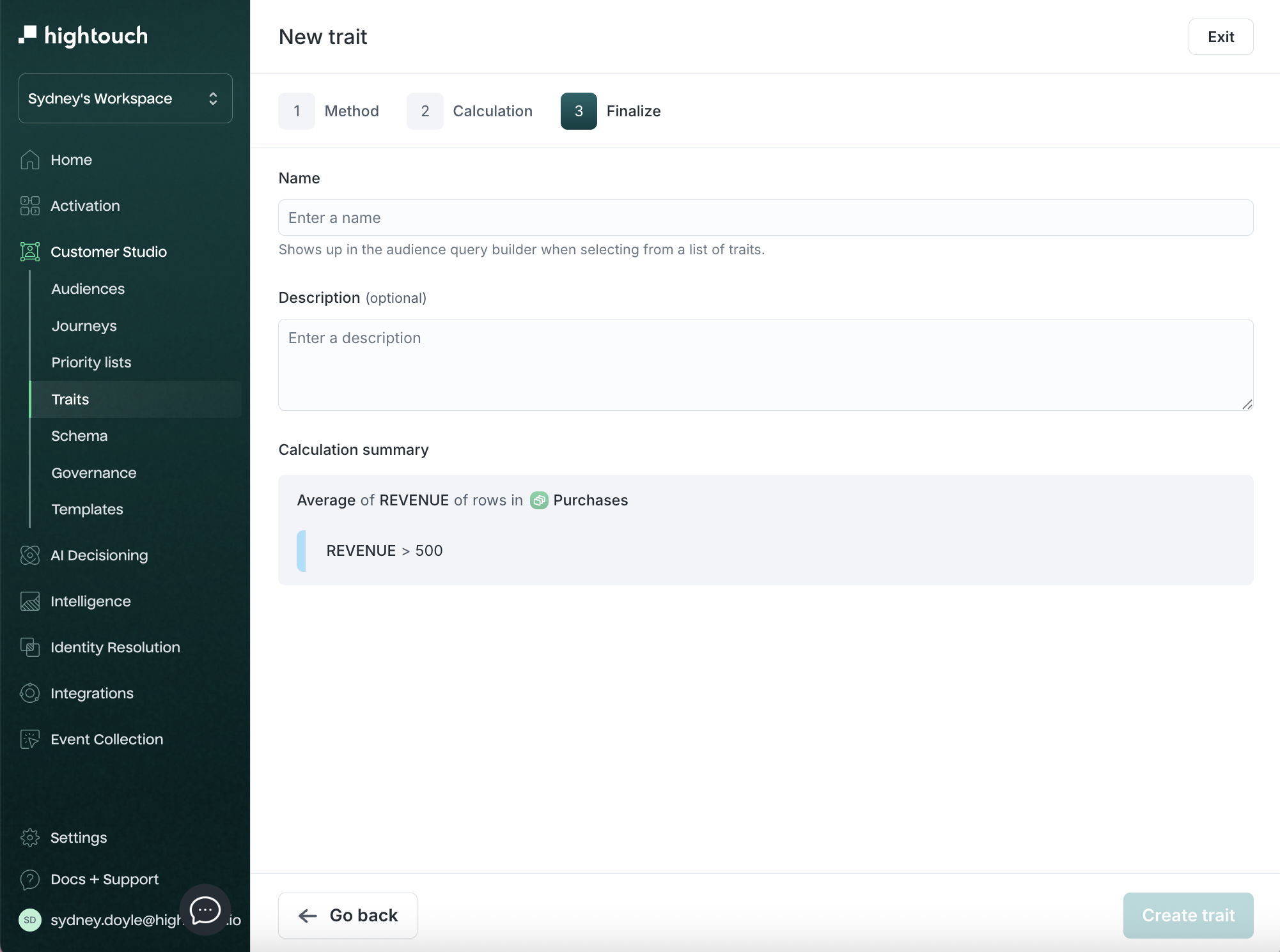 Finalize trait in the Hightouch UI