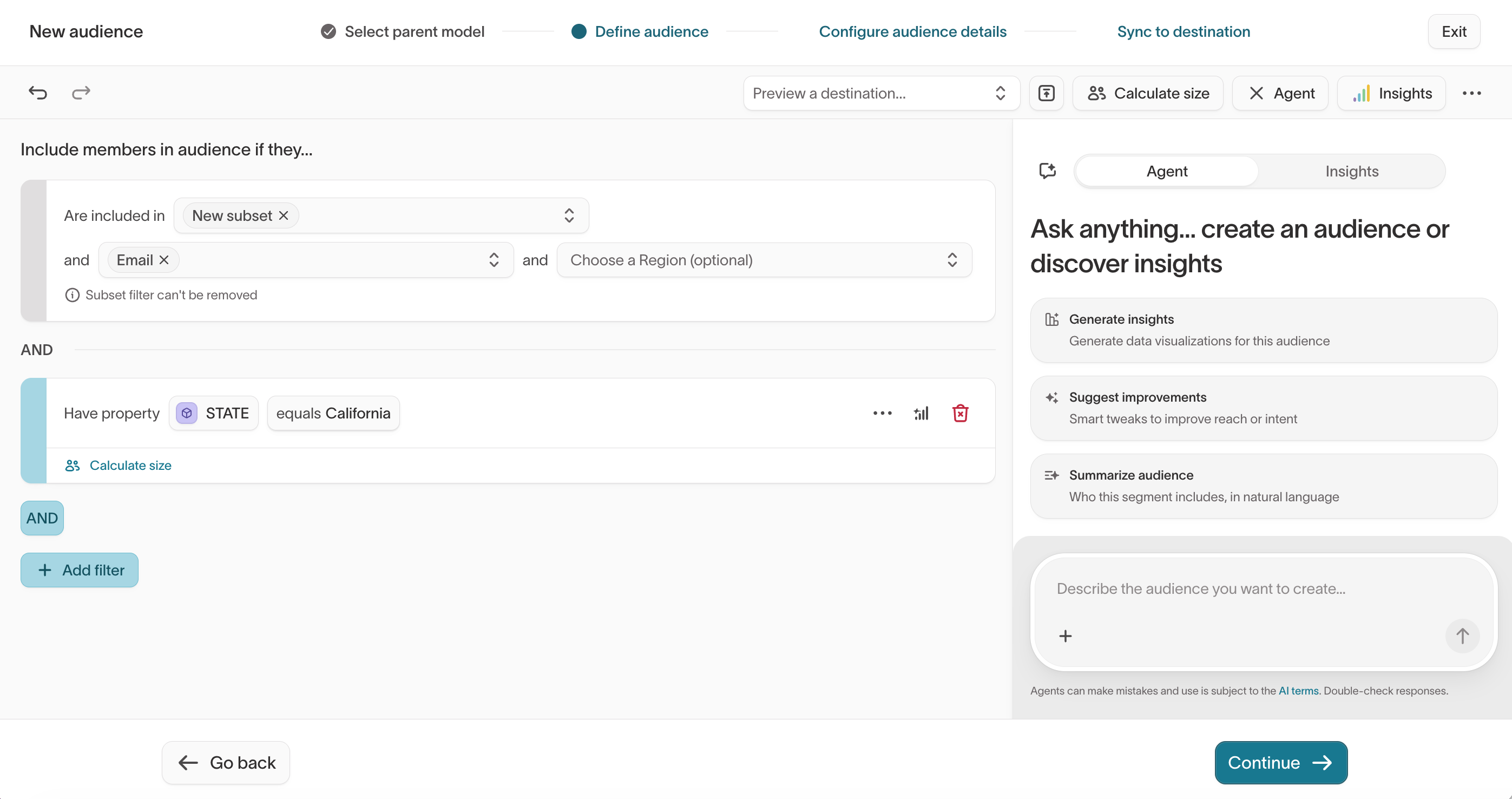 Audience builder with the agent open alongside the filter conditions