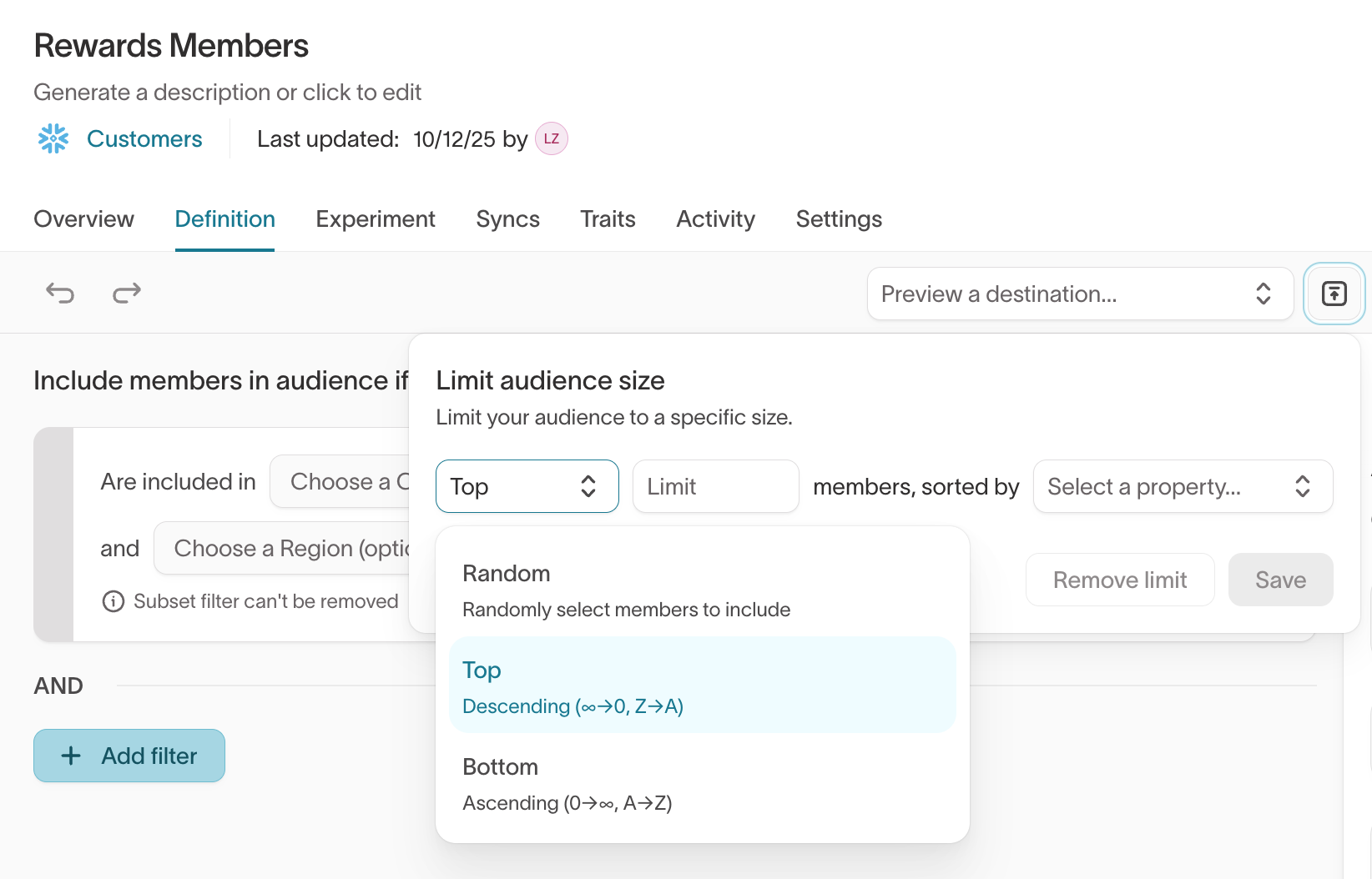 Limit audience size dropdown showing Random, Top, and Bottom options
