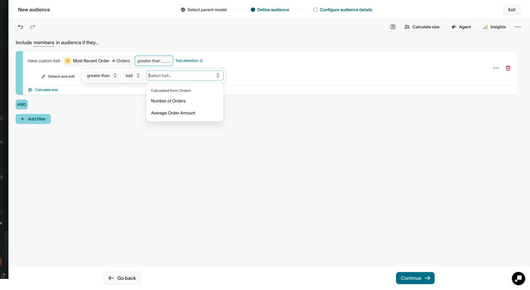 Trait comparison filter in the audience builder