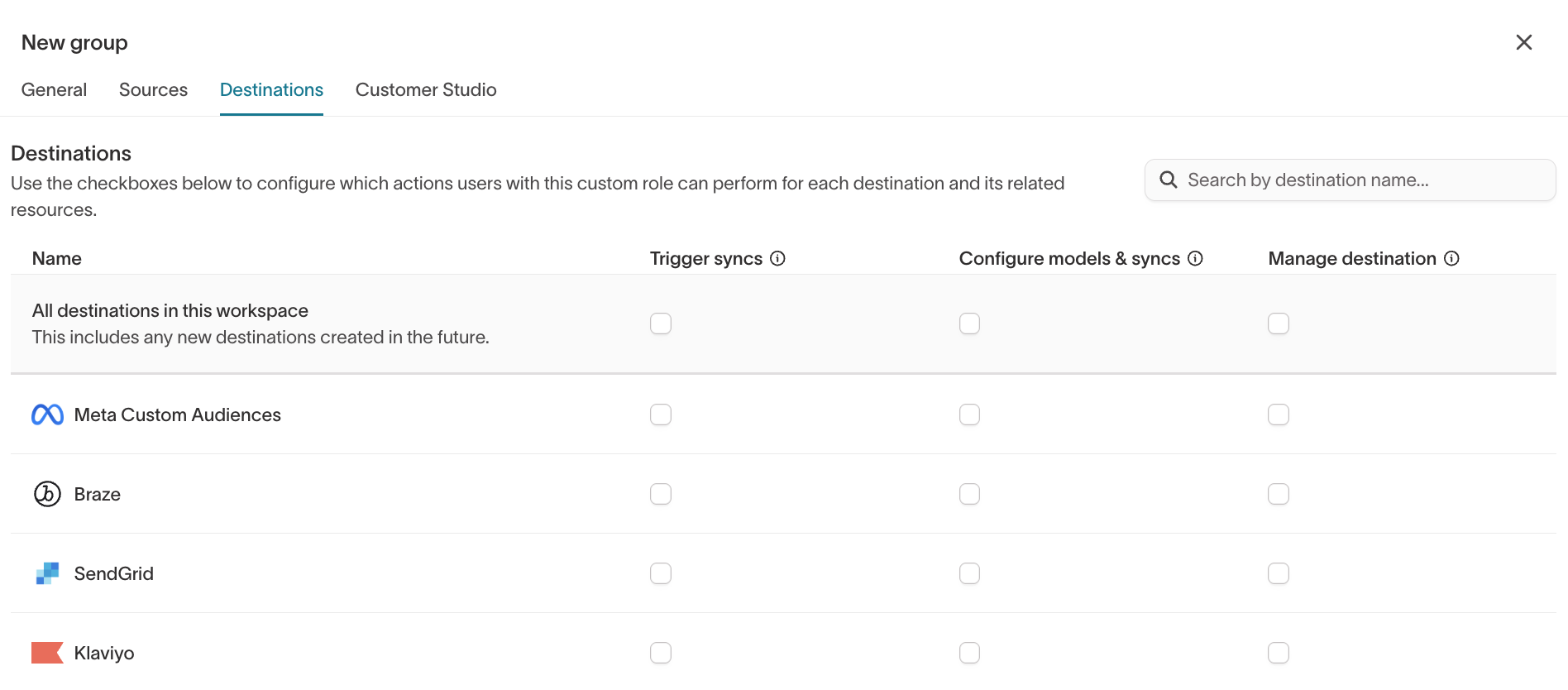 Organization settings page showing Destinations section