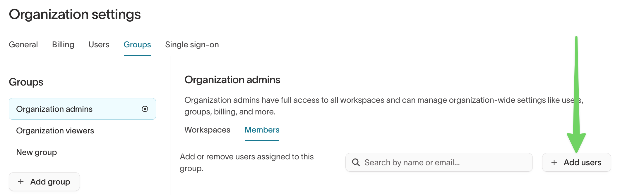Organization settings page showing Members tab with Add users button