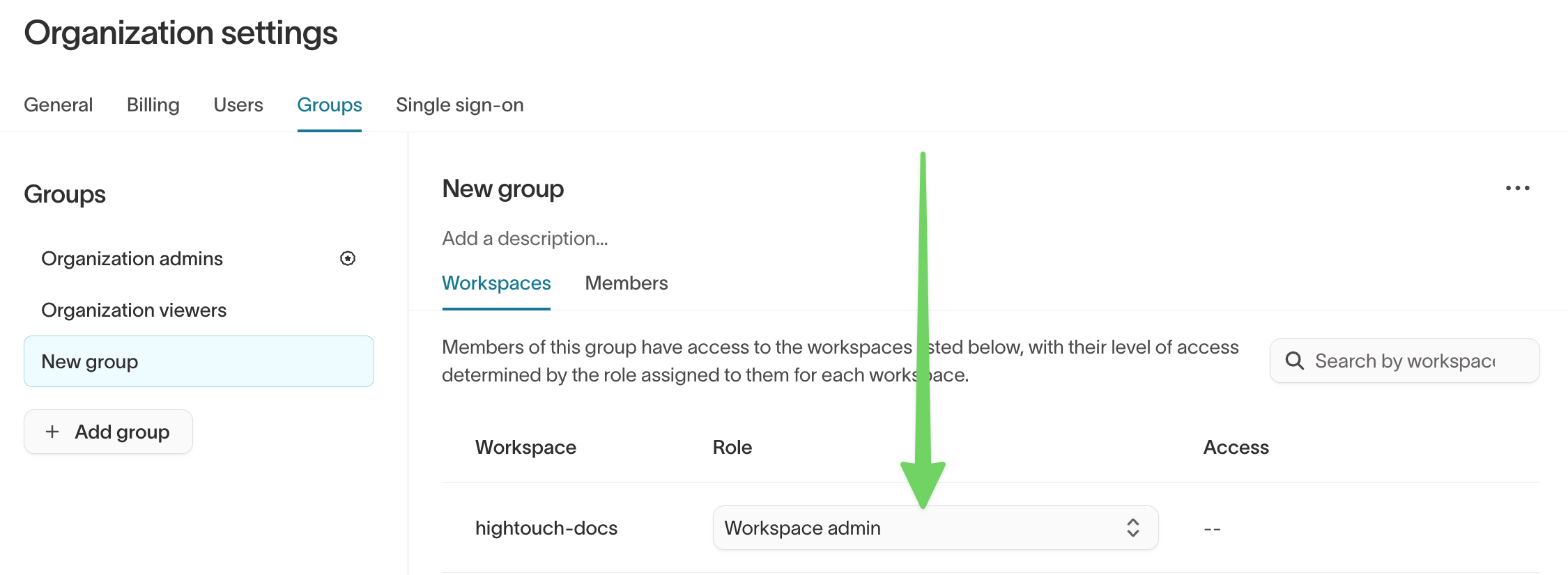 Organization settings page showing Workspace admin role