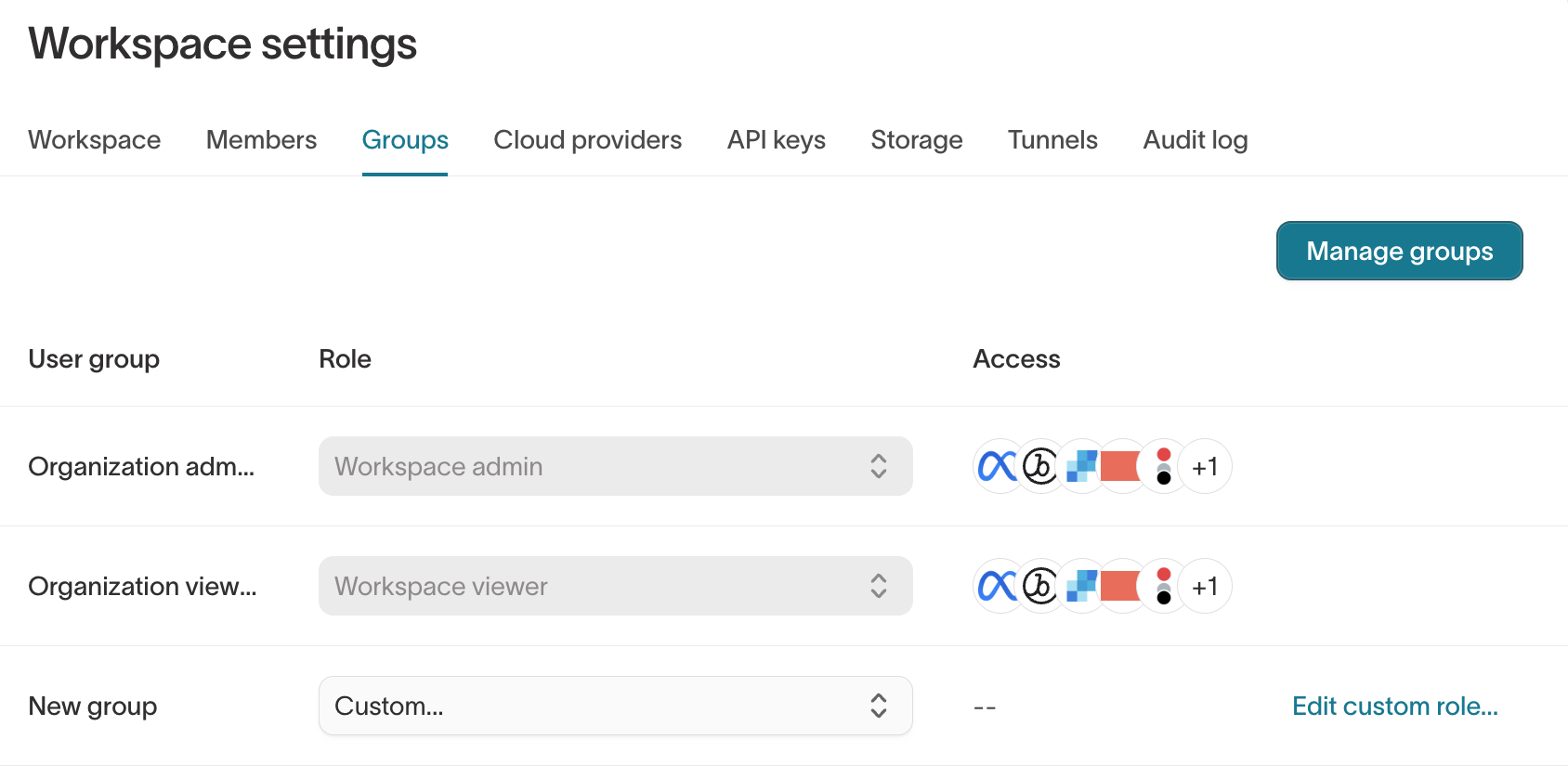 Workspace settings page showing Groups navigation for assigning roles