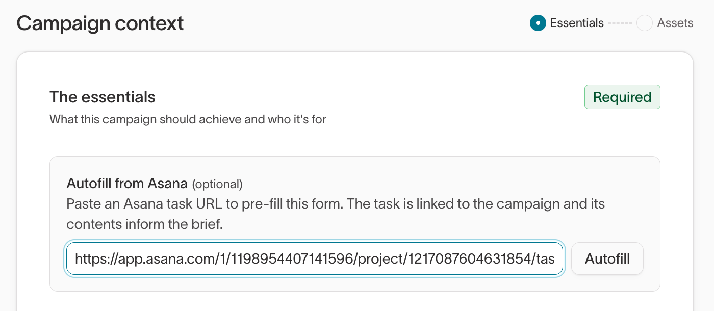 Autofill from Asana field at the top of the campaign creation form, with a task URL and an Autofill button