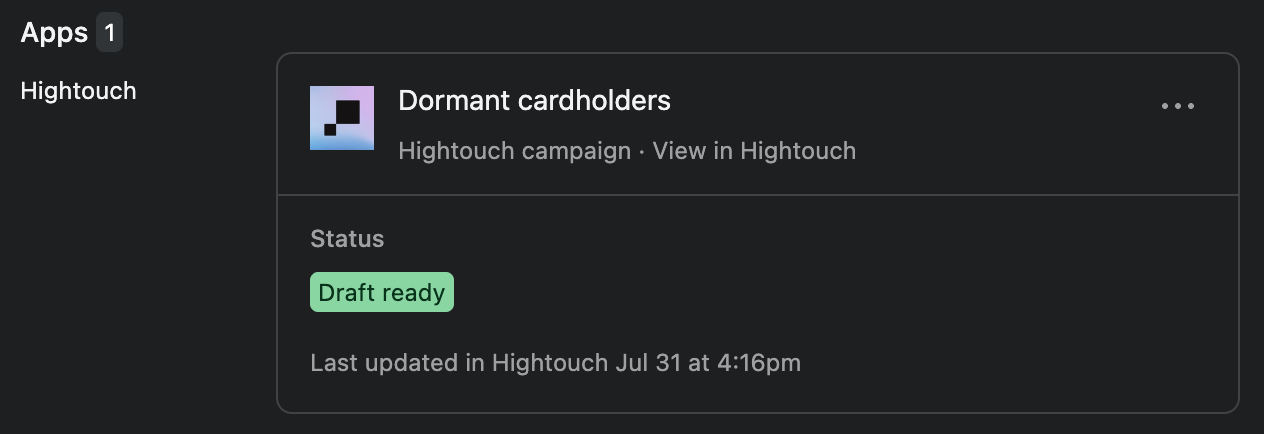 Hightouch app in an Asana task showing a linked campaign with its name, status, and View in Hightouch link