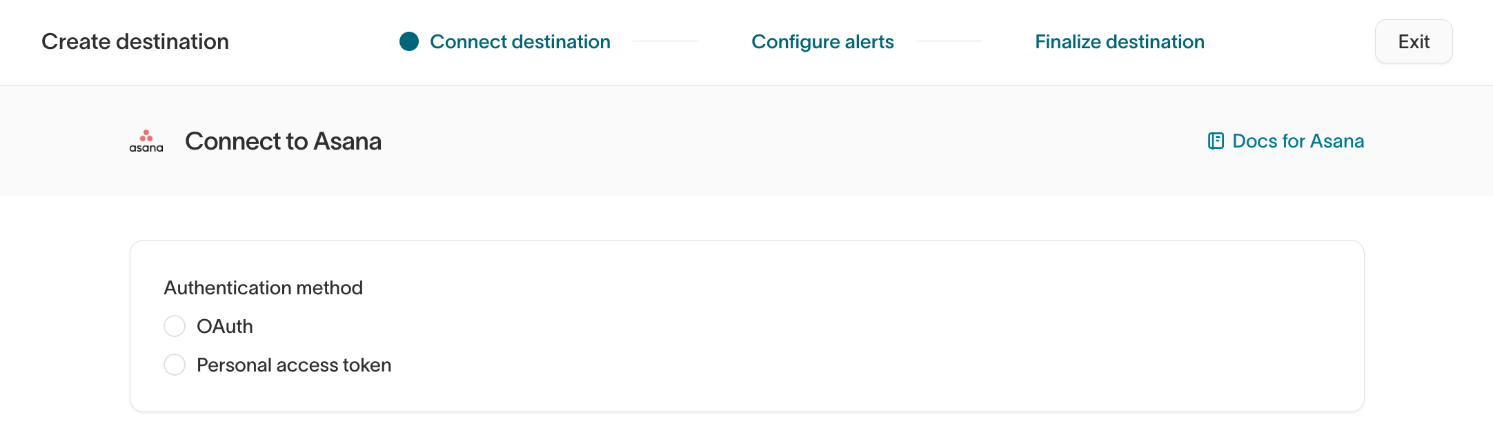 Create destination wizard on the Connect to Asana step, showing OAuth and Personal access token authentication options
