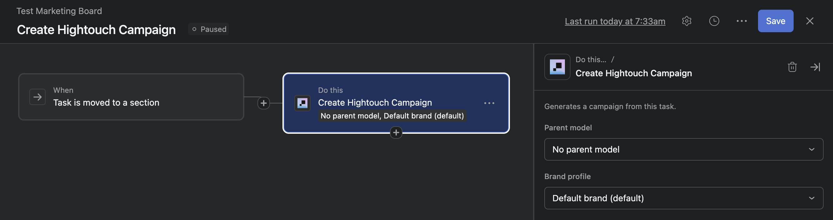 Asana rule builder with the Create Hightouch Campaign action and its Parent model and Brand profile settings