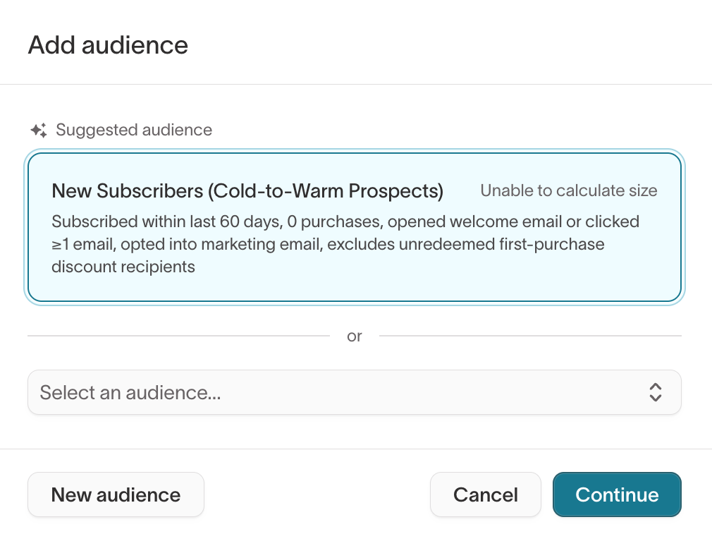 Add audience dialog with suggested audience and select dropdown