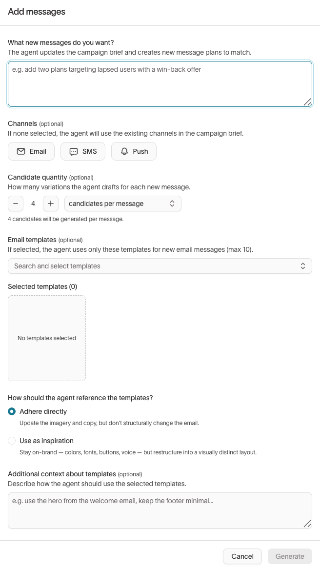 Add messages dialog with description, channels, candidate quantity, and template options