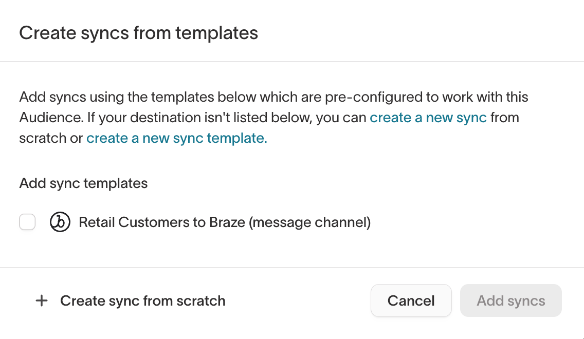 Create syncs from templates dialog with ESP sync options