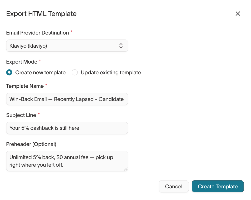 Export HTML template dialog with destination, create-or-update mode, name, subject, and preheader