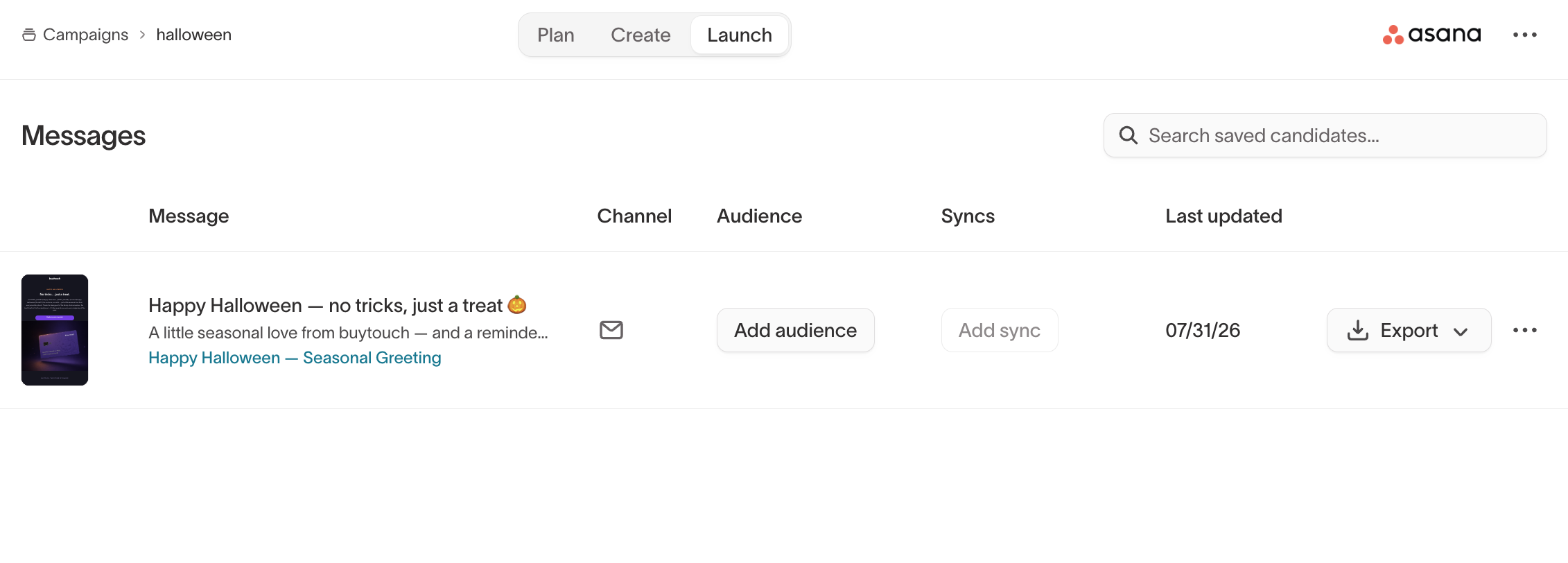 Campaign Launch tab showing promoted candidates ready to pair with audiences