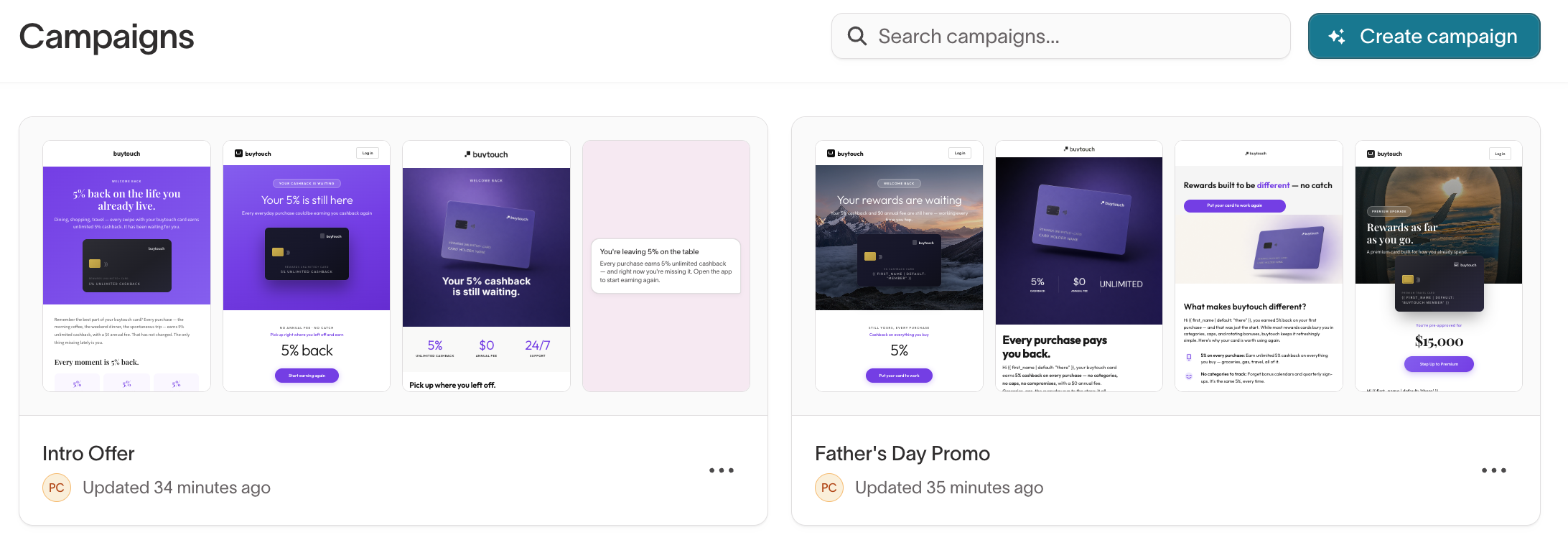 Lifecycle Studio Campaigns list view