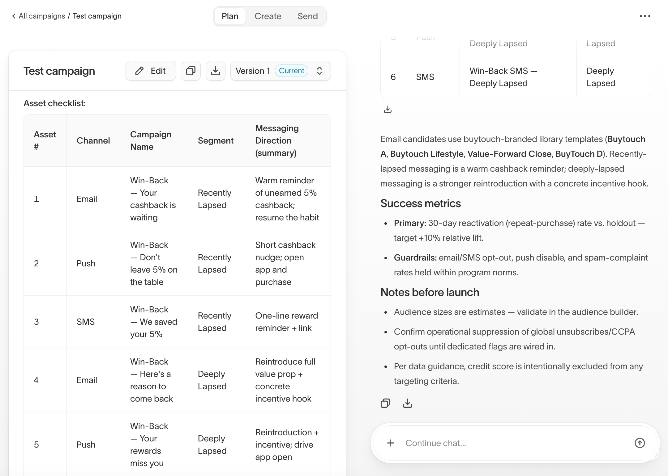 Campaign Plan tab showing the brief and message plan checklist