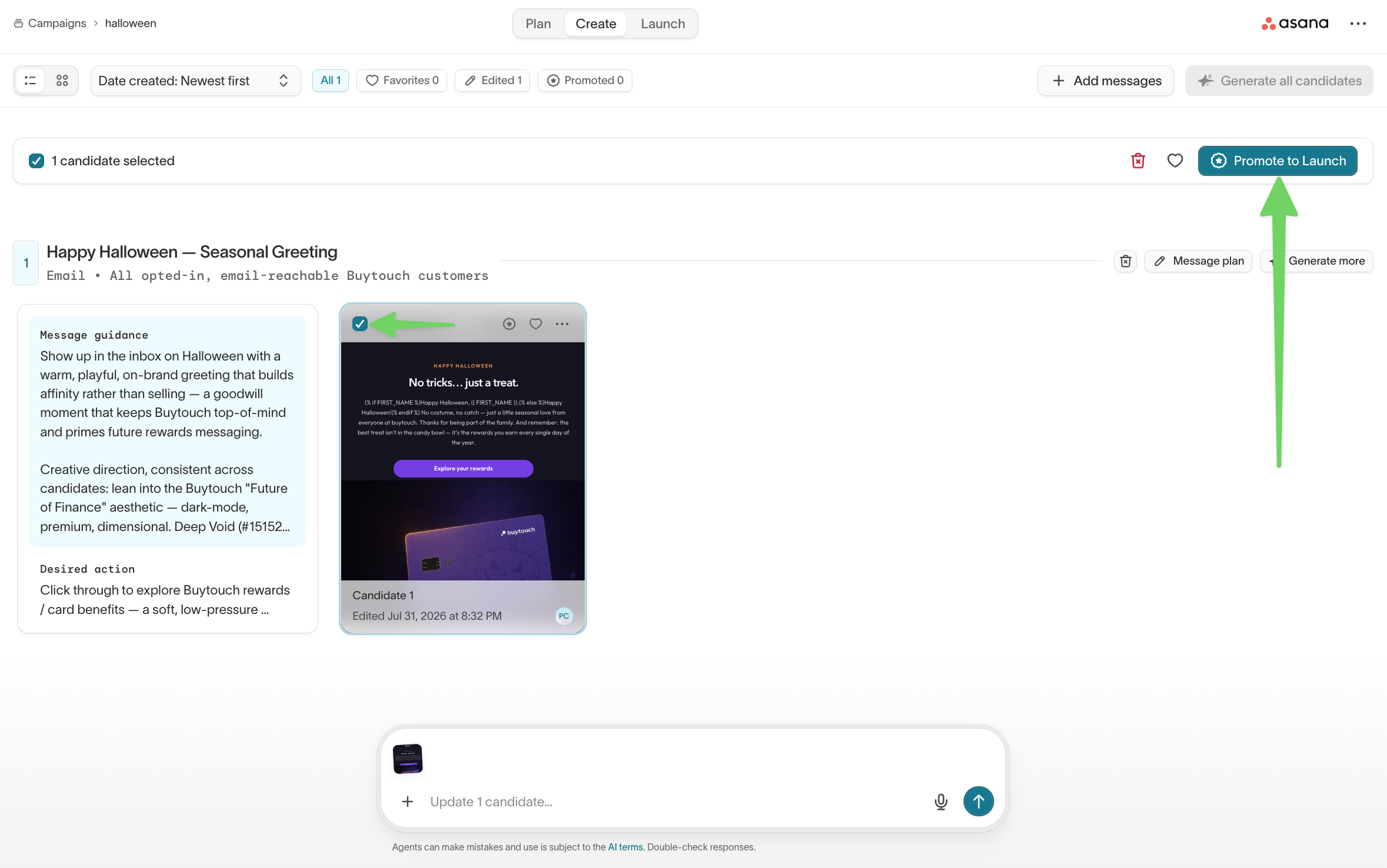 Create tab with a candidate selected and the Promote to Launch button