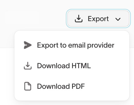 Send export menu with email provider, HTML, and PDF options