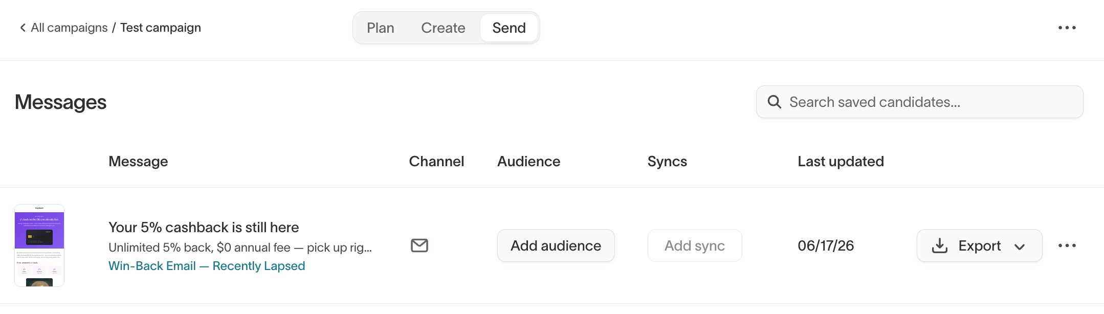 Campaign Send tab showing promoted candidates paired with audiences