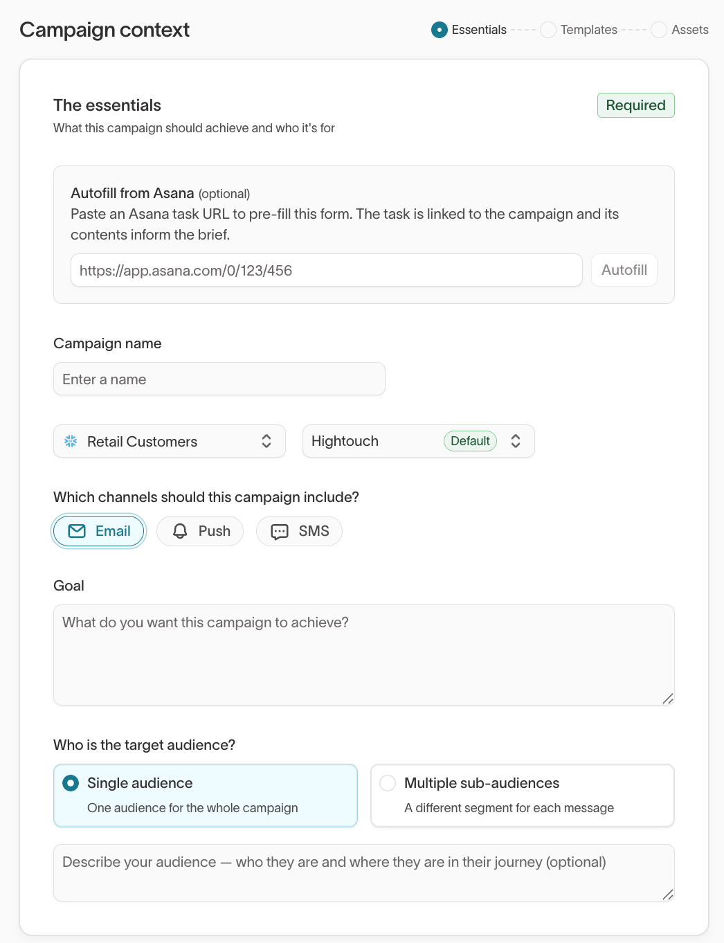 Essentials step of the Campaign context form
