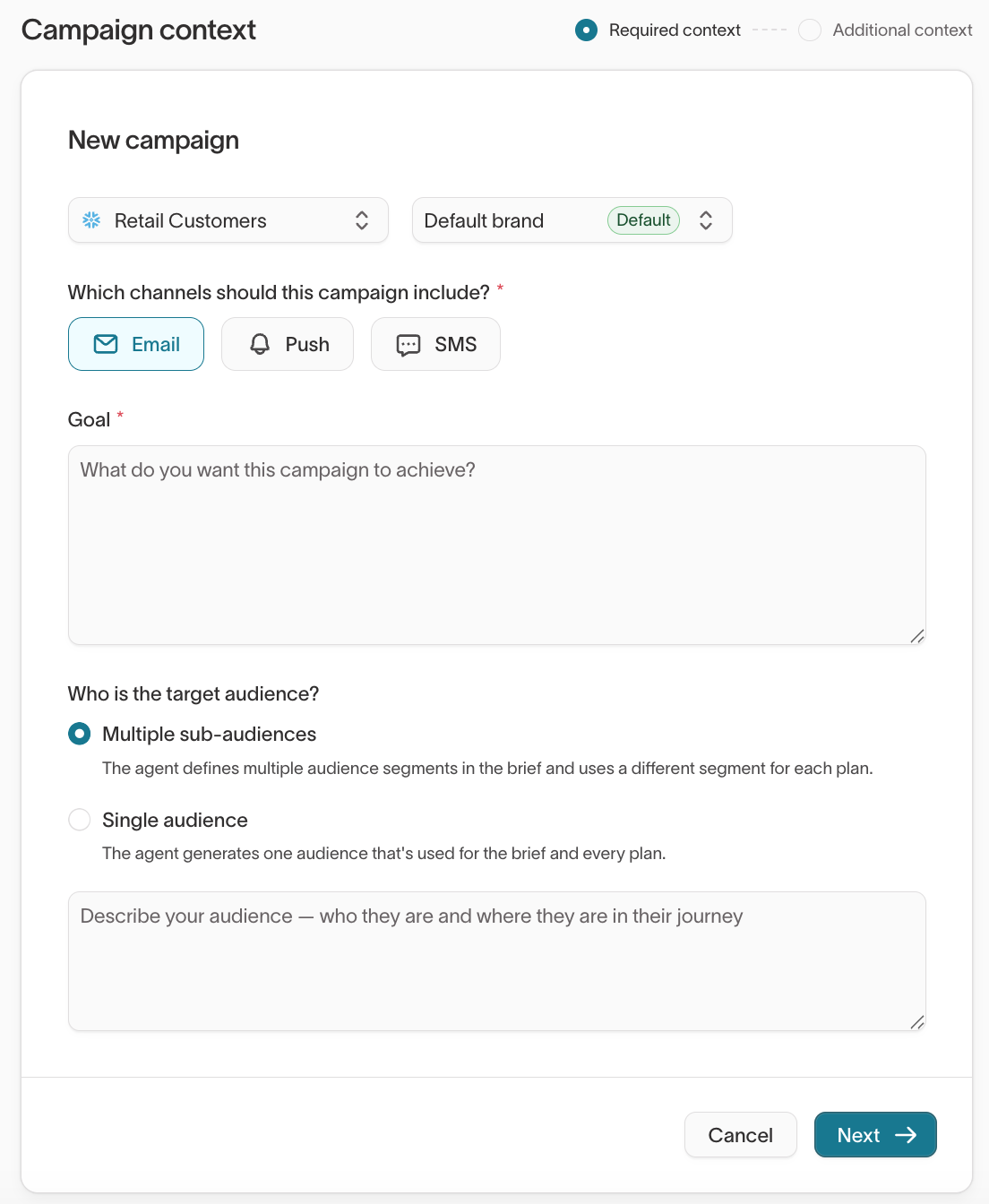 New campaign modal, required context step