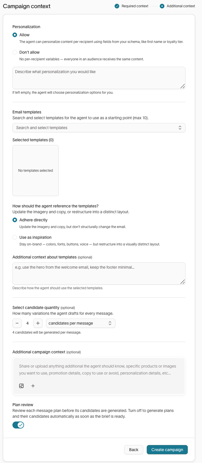 New campaign modal, additional context step with the plan review toggle