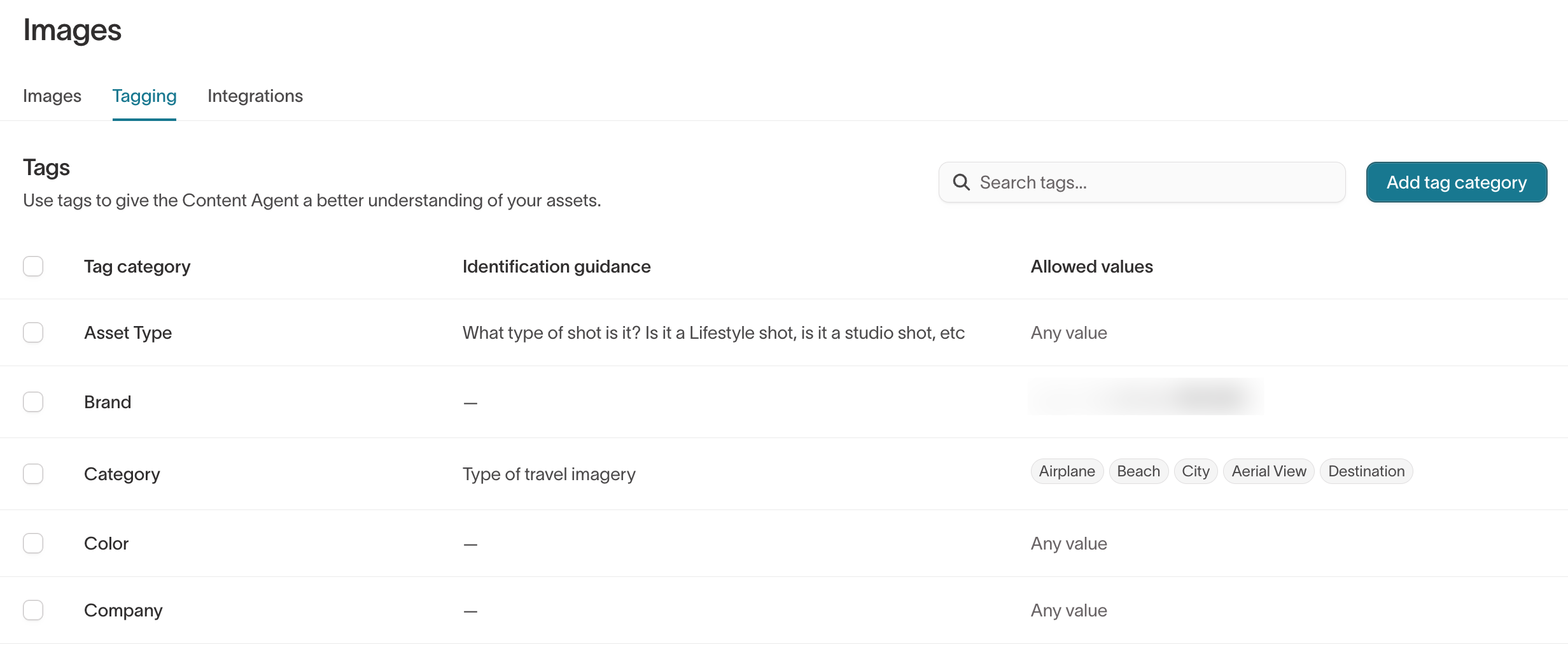 Tagging tab showing tag categories with values