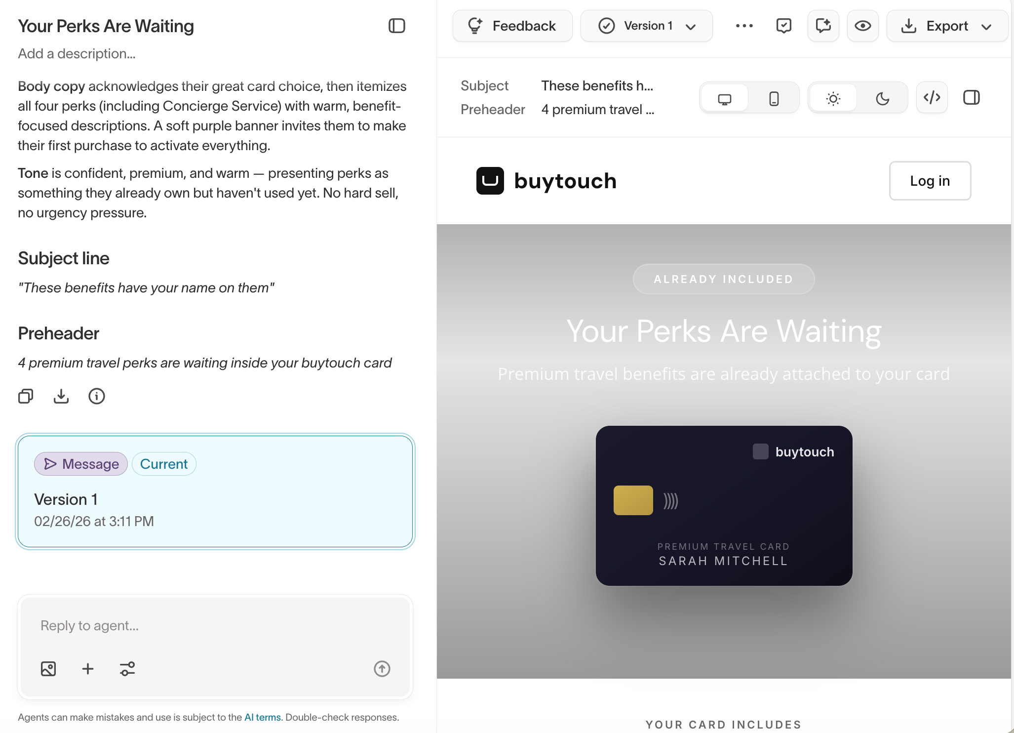 Email editor with agent chat panel and rendered email preview