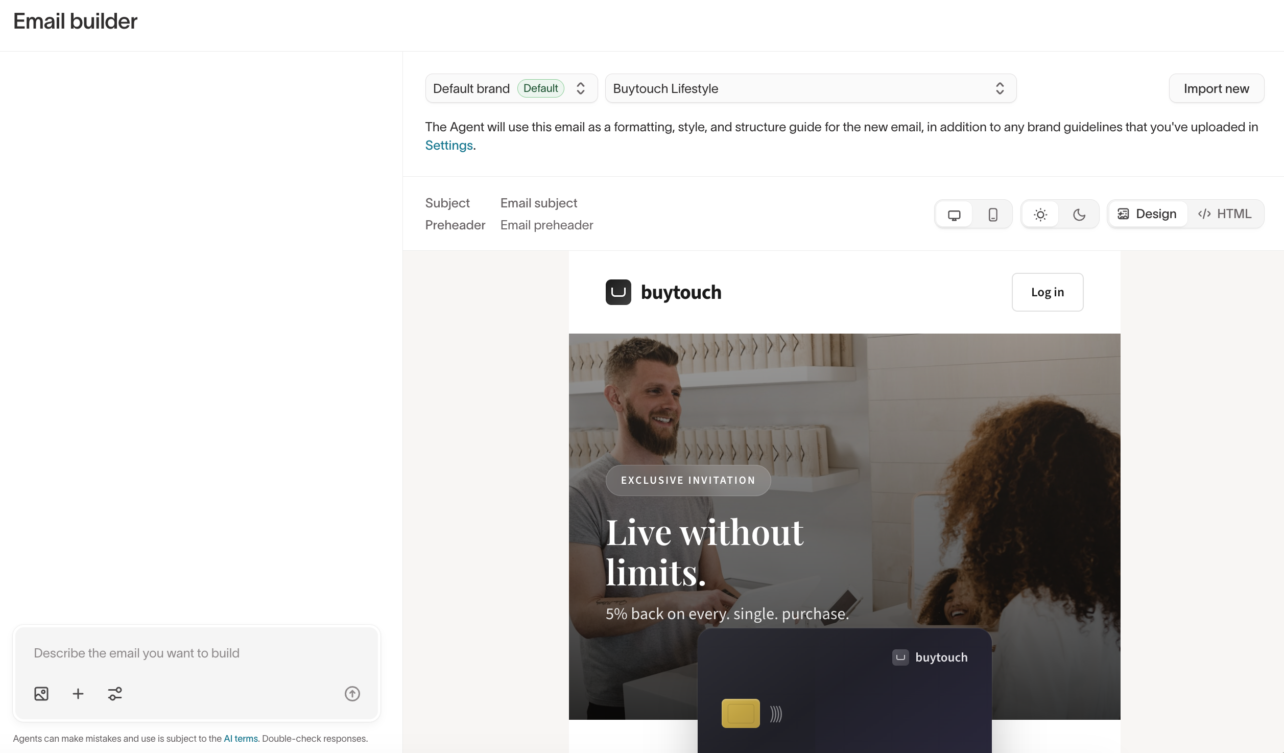 Email builder with a reference email selected and the agent chat prompt