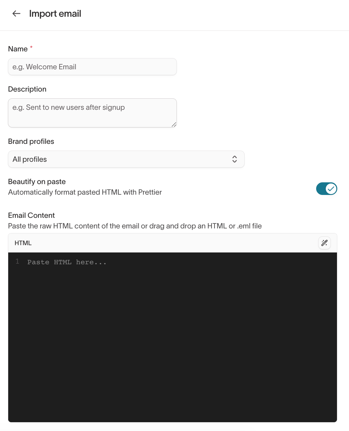Import email dialog with name, description, brand profiles, and HTML content