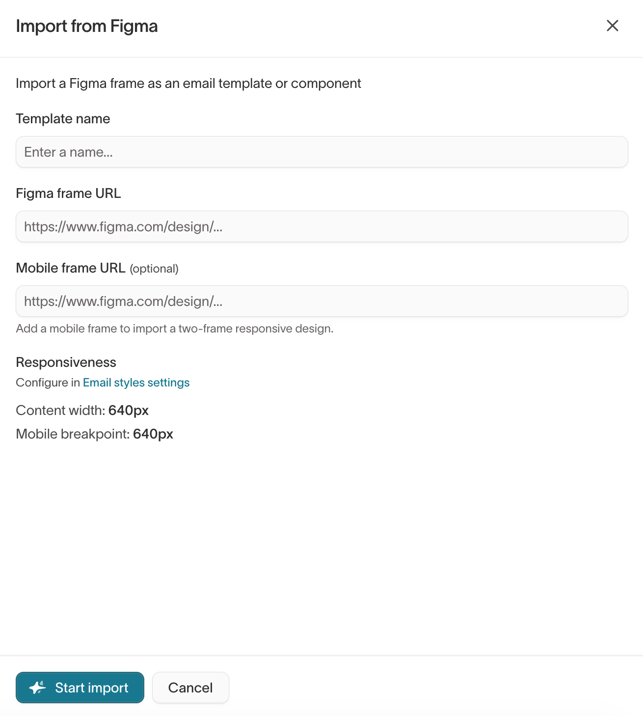 Import from Figma drawer with fields for template name and the Figma and mobile frame URLs
