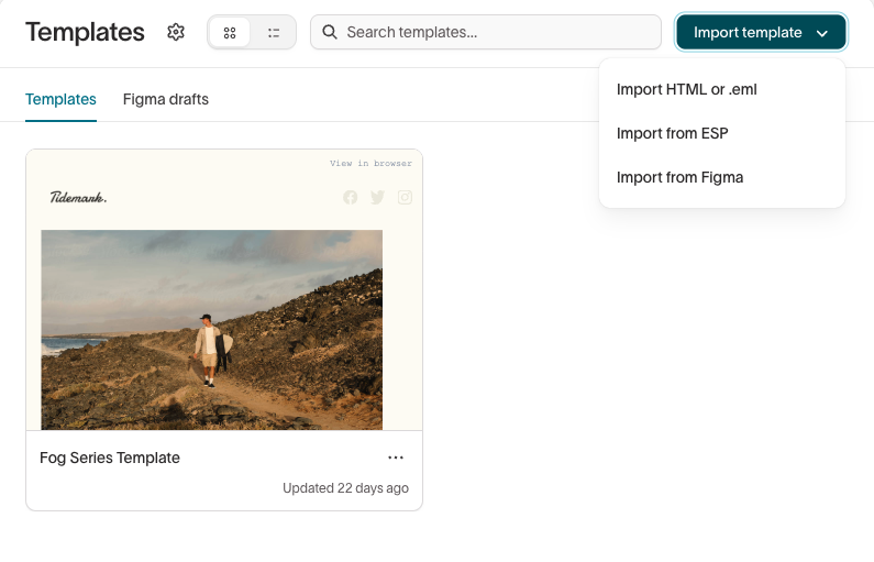 Templates page with the Import template menu open