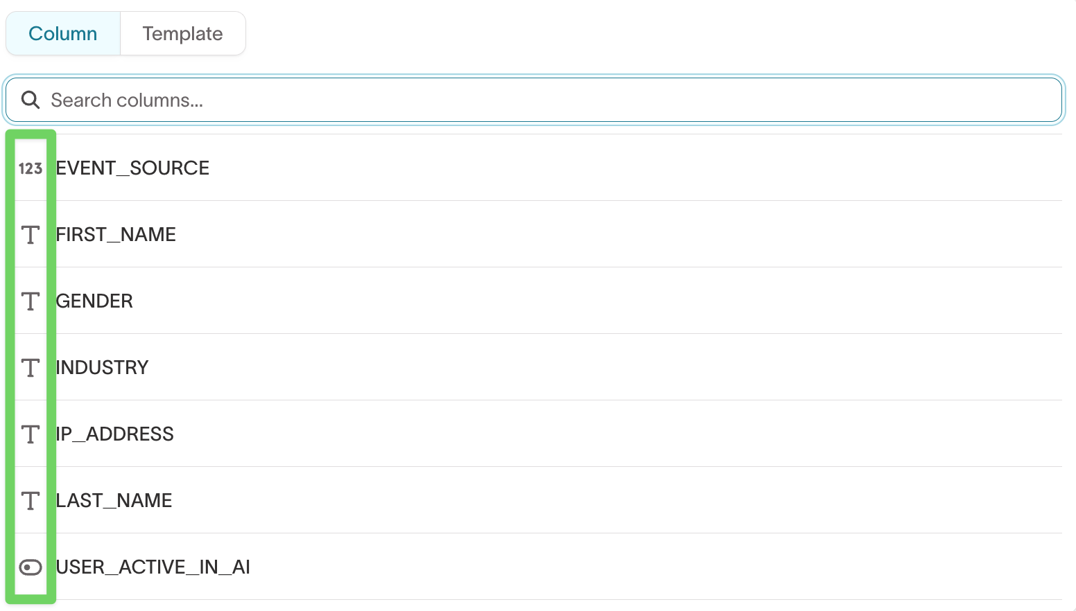 Data-type icons next to columns in the field mapper