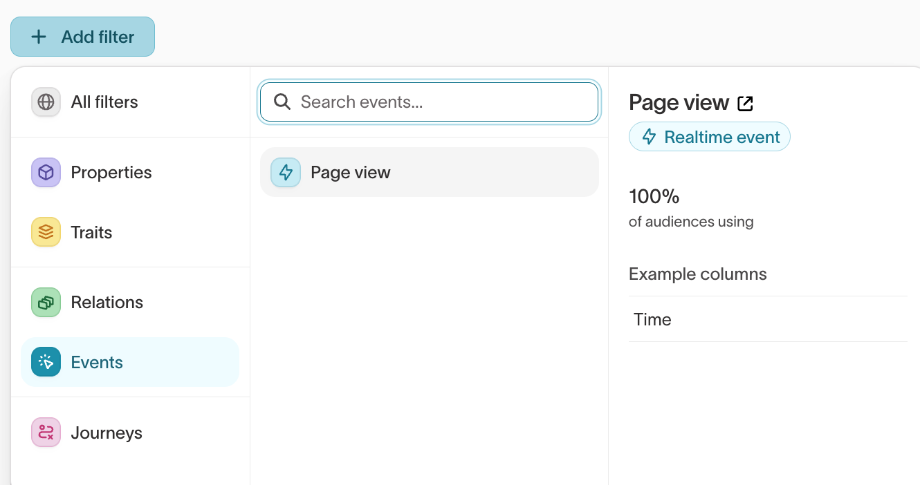 Realtime event in audience filters