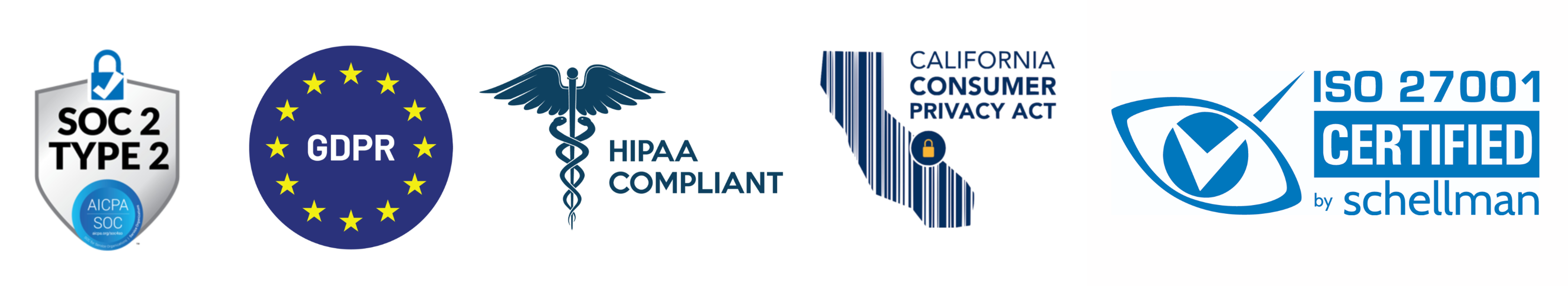 SOC 2 Type 2, HIPAA, GDPR, CCPA, ISO logos