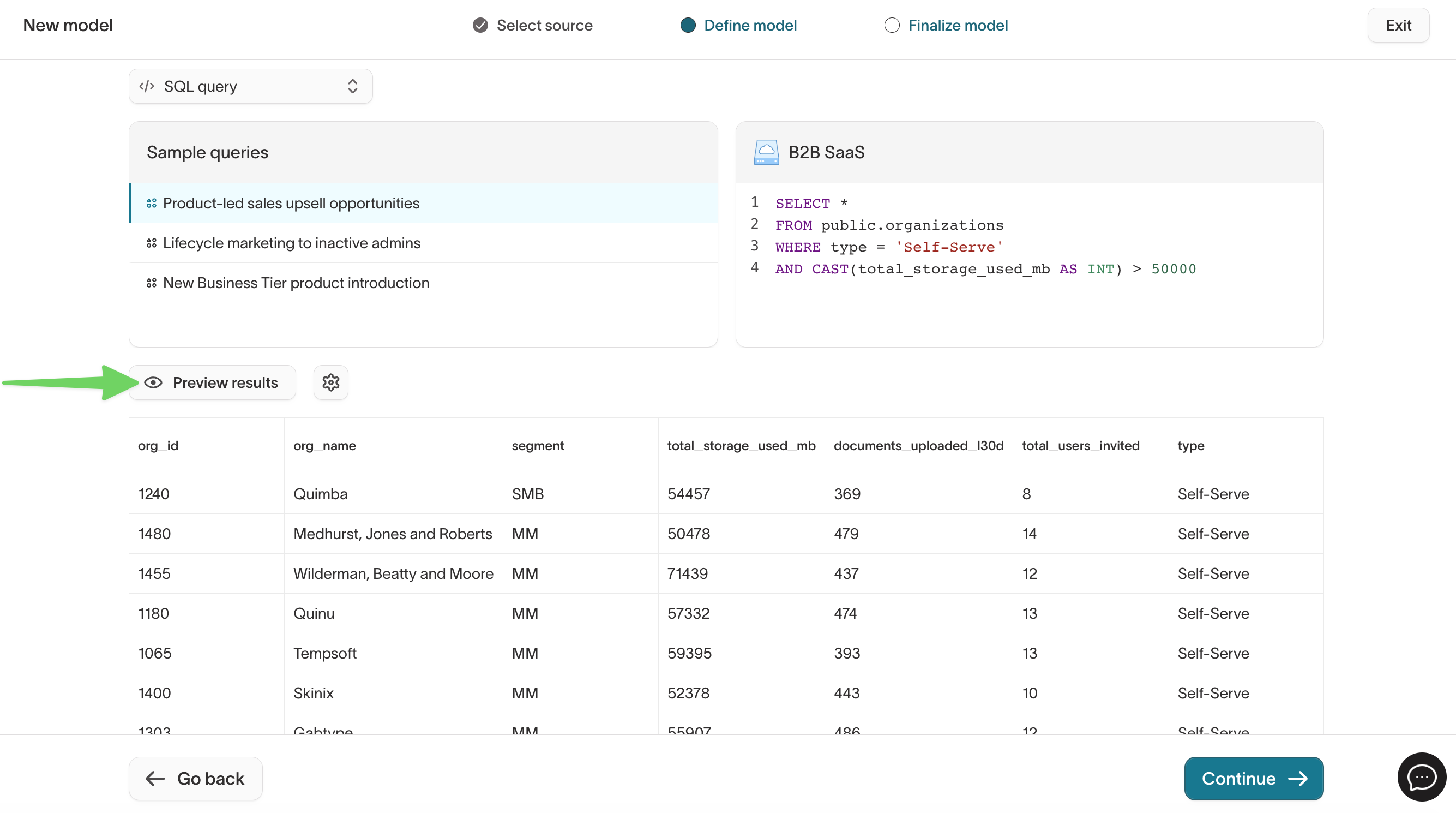 Preview results rendered from a B2B SaaS sample query