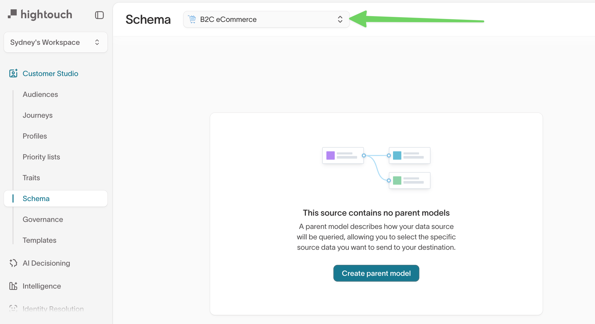 Selecting the sample source in the Customer Studio Schema tab