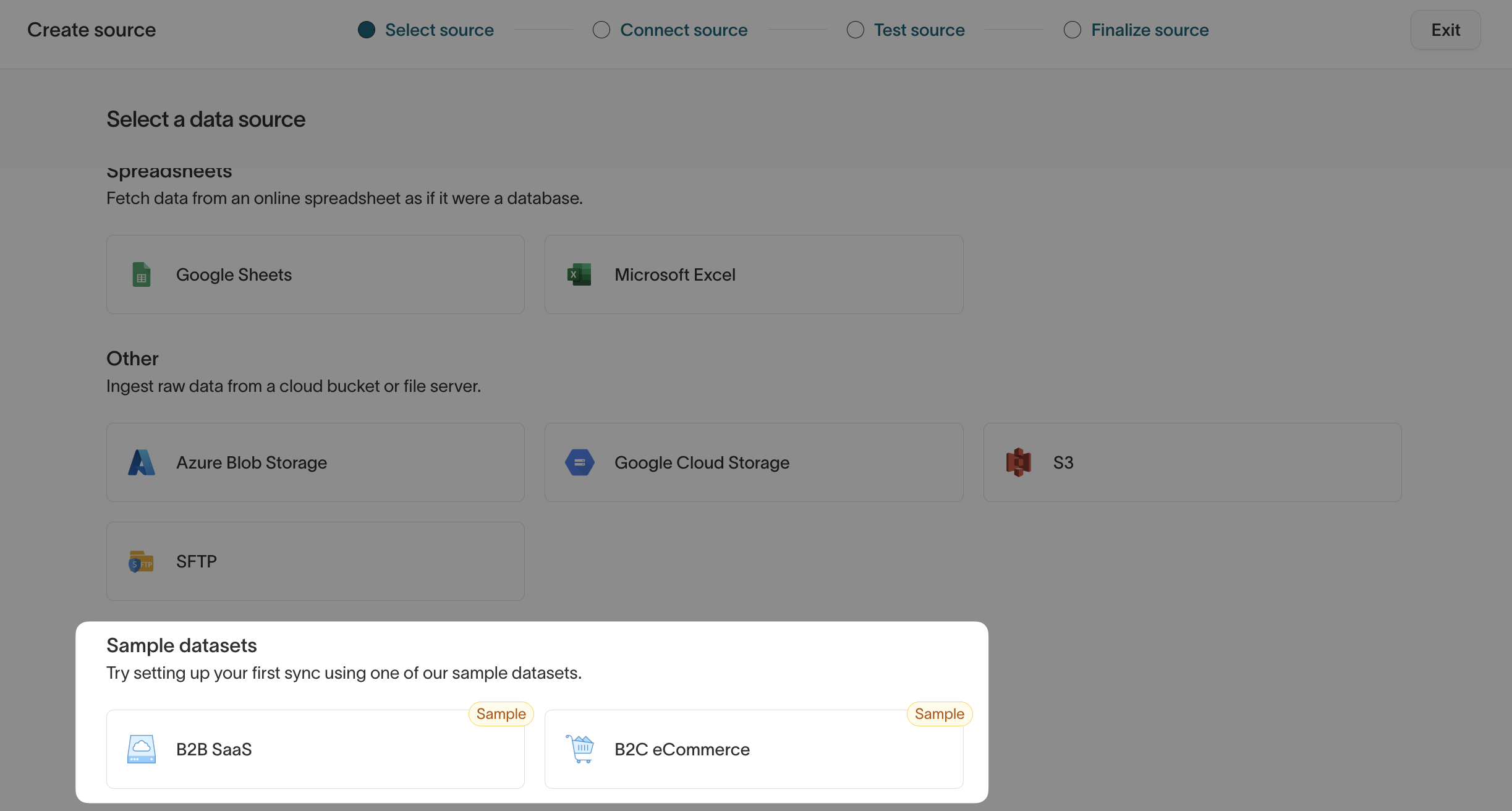 Sample datasets section at the end of the source catalog