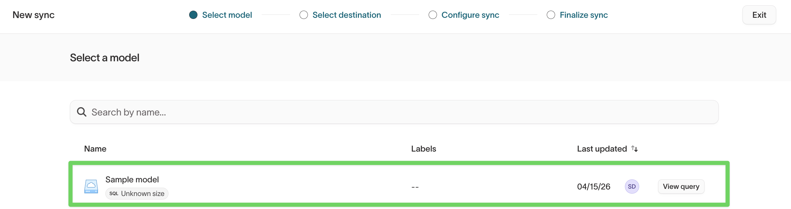 Selecting the sample model on the Add sync flow
