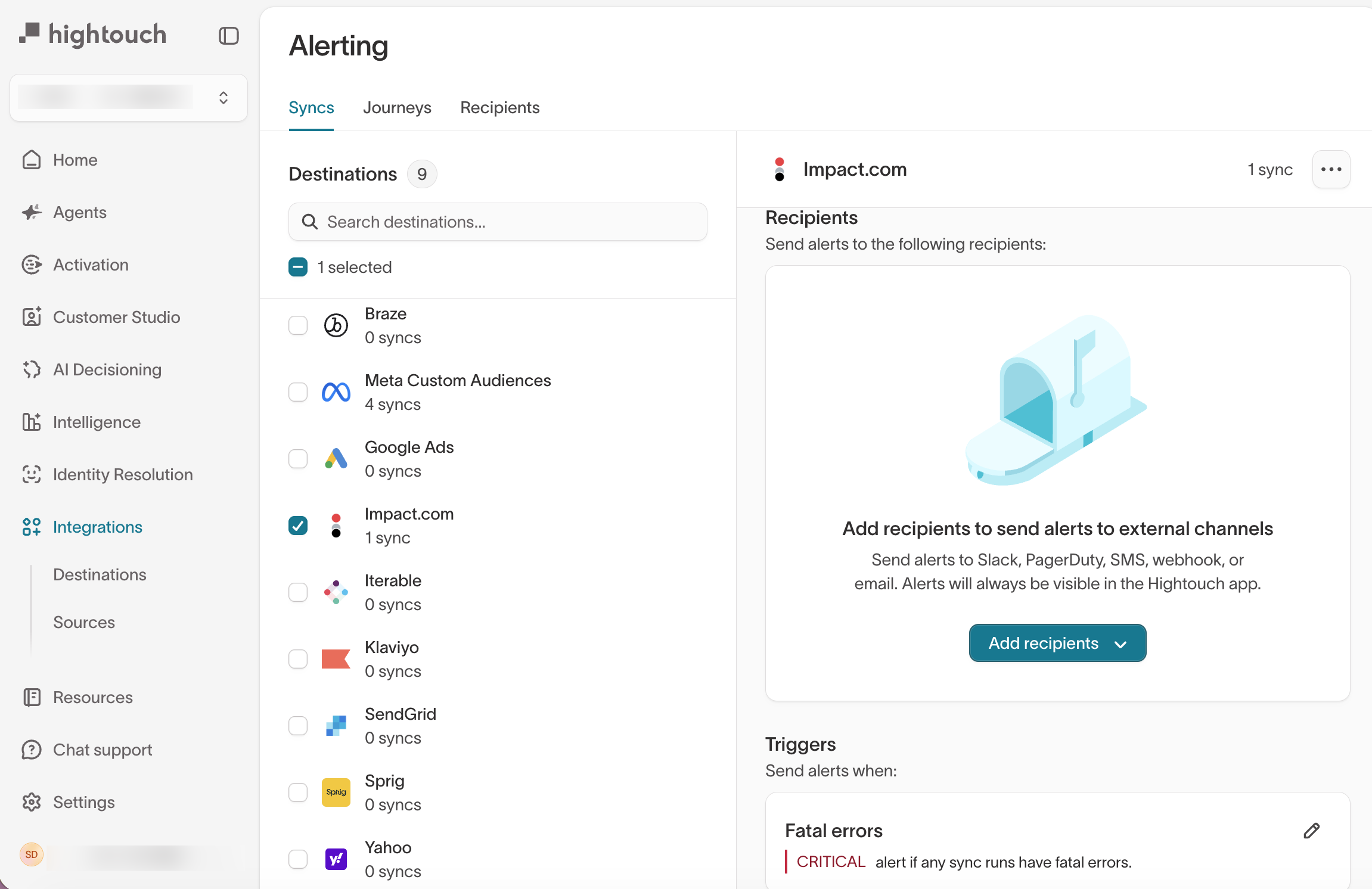 Destination-level alert settings under Integrations > Alerting
